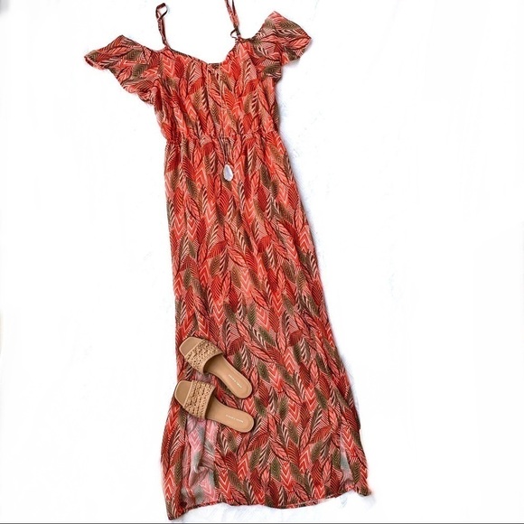 Charming Charlie Cold Shoulder Coral and Brown Retro Leaves Maxi Dress - Picture 7 of 15